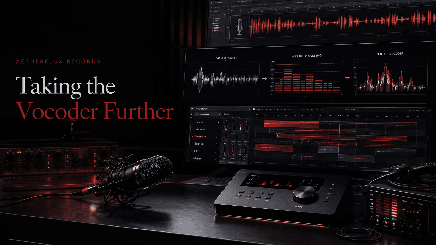 Aetherflux vocal process visual for CARMINE's custom vocoder engineering workflow.